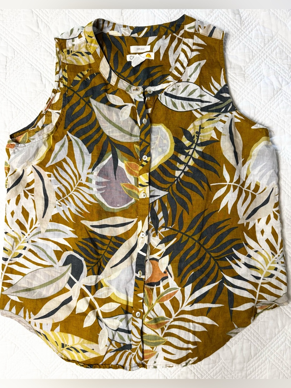 C&C California Linen Sleeveless Button Front Tank Size Large Tropical Print